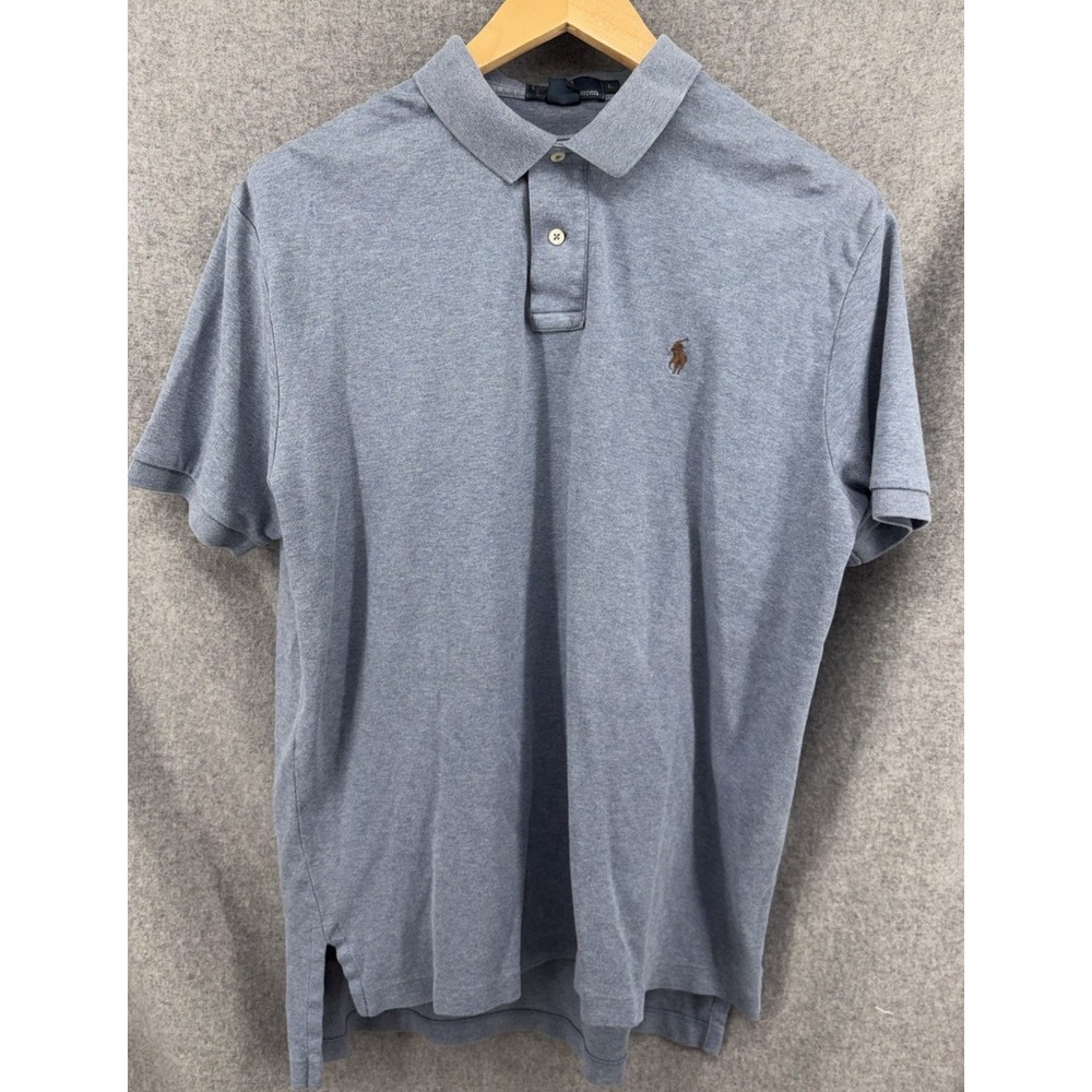 Polo Ralph Lauren Polo Shirt Mens Large Solid Blue Short Sleeve Brown Pony - Picture 2 of 7